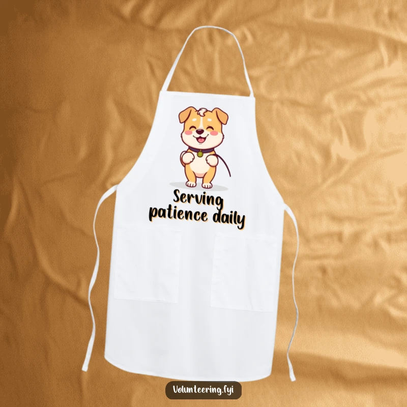 Funny apron with a Kawaii dog holding a leash, ready to walk with an elder, perfect for cooking with a loving touch.