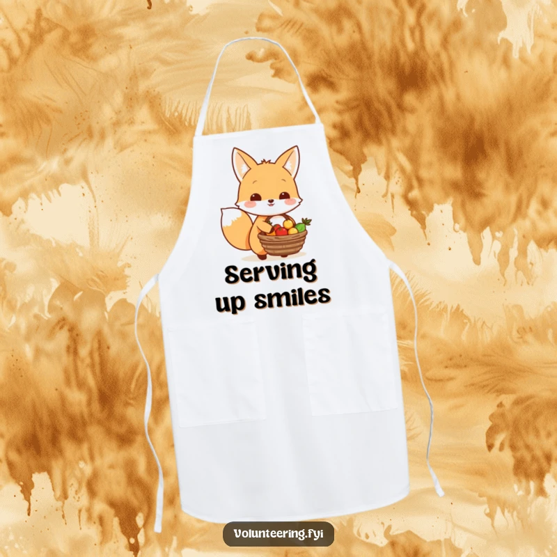 Funny Kawaii fox carrying a basket of food to share, cute apron for hosts.