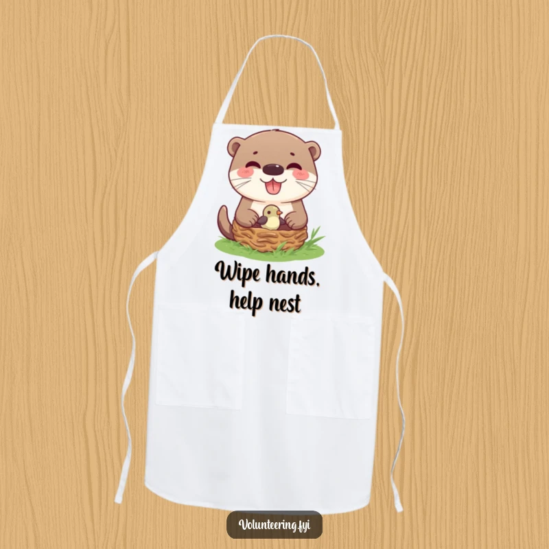 Funny Otter Helping Bird Nest Apron showing a joyful otter gently placing a baby bird back in its nest, perfect for kitchen kindness.