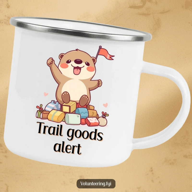 Funny camping mug with an otter waving a flag from goods, ideal for outdoor drinks and humorous gifting.