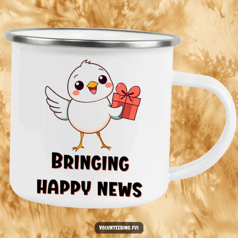 Funny bird camping mug featuring a smiling bird with a colorful gift, perfect for outdoor adventures and spreading cheer.