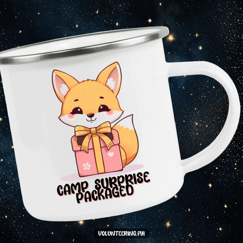 Funny camping mug with a smiling fox tying a ribbon around a gift box, designed for outdoor enthusiasts who love humor.