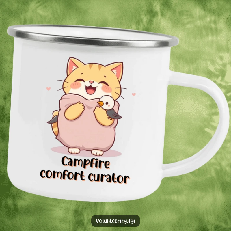 Funny cat camping mug with a joyful cat offering a warm blanket to a shivering bird, celebrating comfort during adventures.
