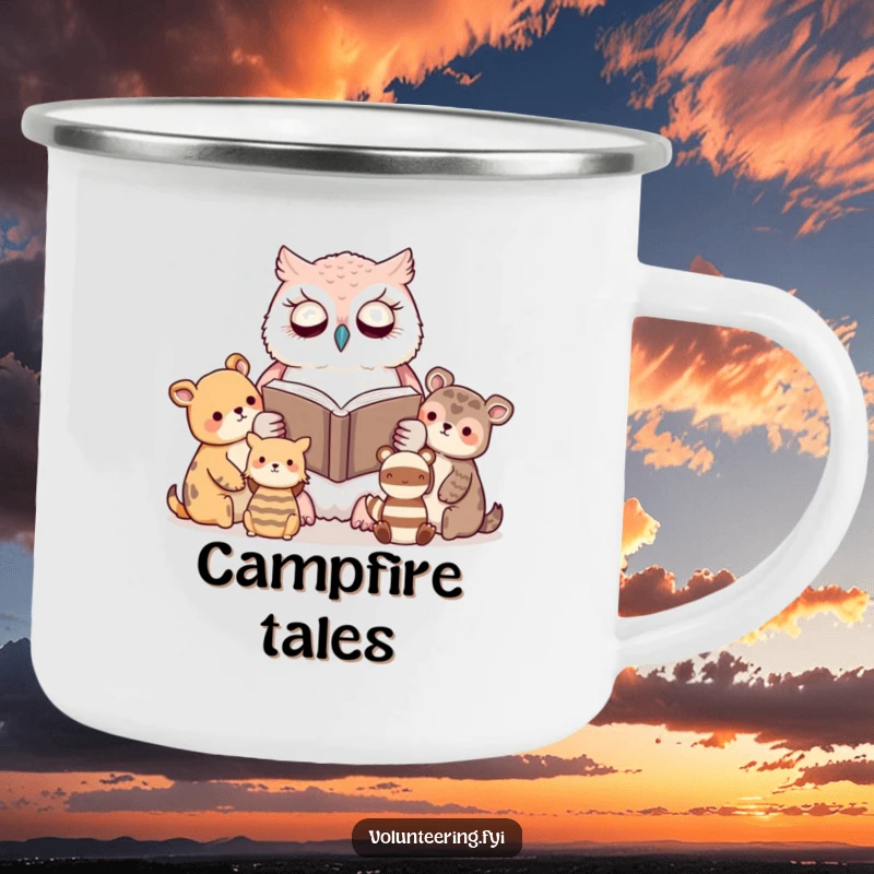 Funny camping mug with a kawaii owl reading a book to attentive animal friends, bringing wisdom to outdoor escapades.