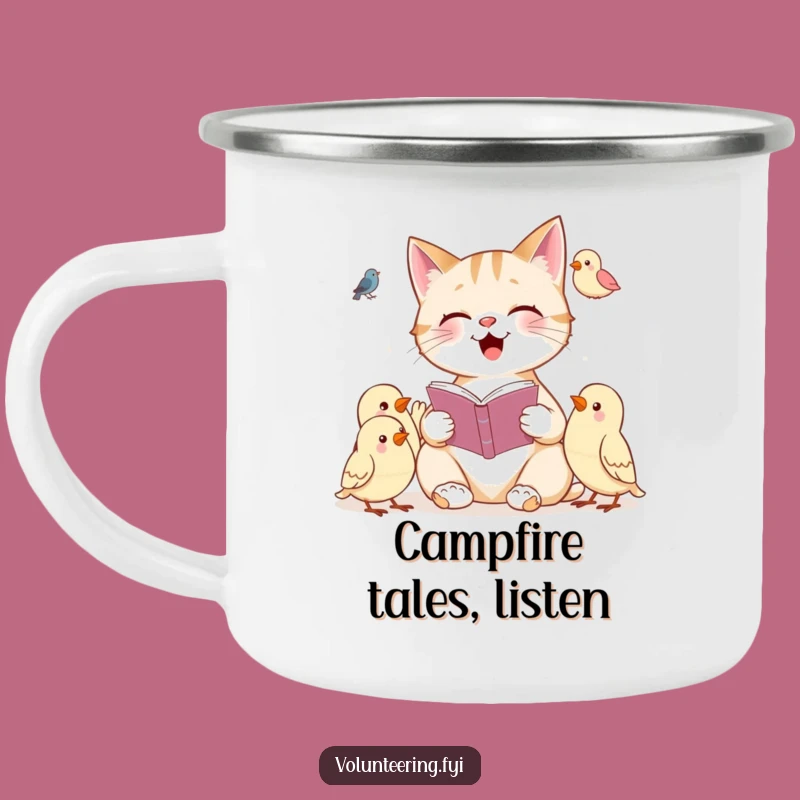 Funny Cat Reading Camping Mug: Enjoy Drinks with a Cheerful Feline Storyteller!