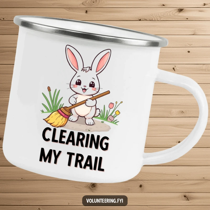 Funny camping mug featuring a smiling rabbit with a broom sweeping a path, ideal for neat outdoor enthusiasts.