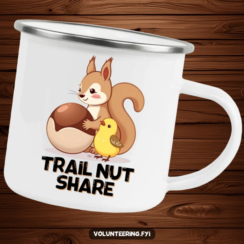 Funny camping mug with a squirrel sharing a nut with a bird, ideal for outdoor drinks.
