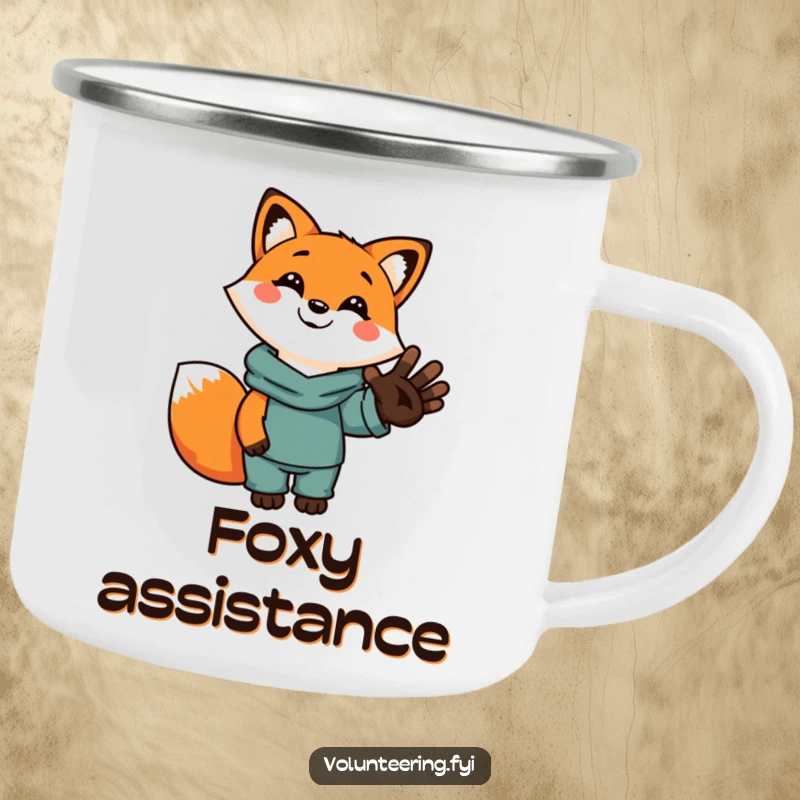 Funny enamel camping mug featuring a smiling cartoon fox offering a helping human hand, perfect for outdoor adventures and warm drinks.