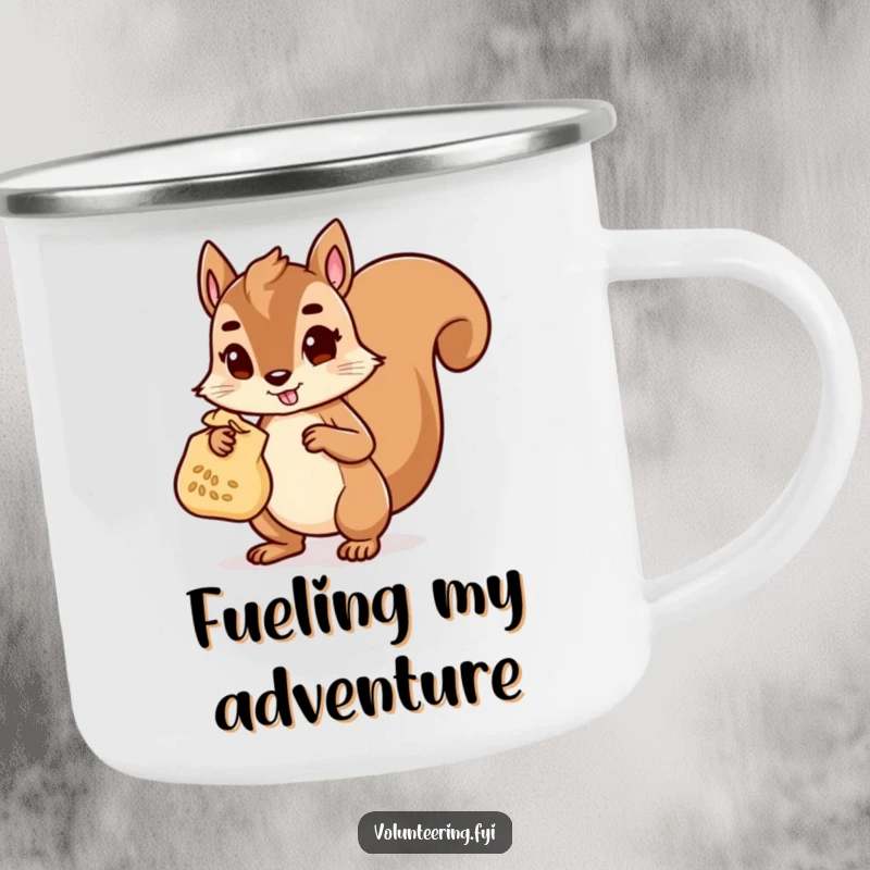 Funny Camping Mug featuring a determined squirrel character carrying a bag of seeds, built for adventures and industrious moments.
