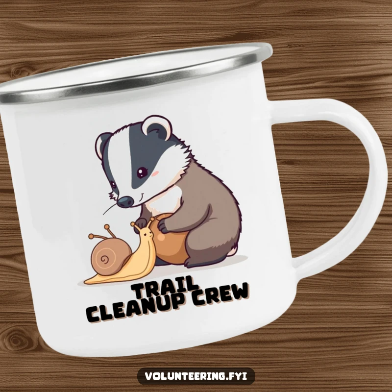 Funny badger camping mug showing a diligent badger helping a snail clean its shell, celebrating perseverance on adventures.