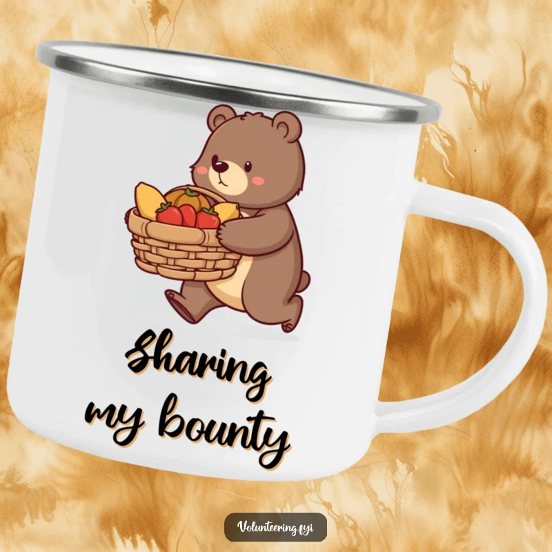 Funny bear camping mug, a determined bear carrying a large basket of donated food, ready for outdoor adventures and spreading goodwill.