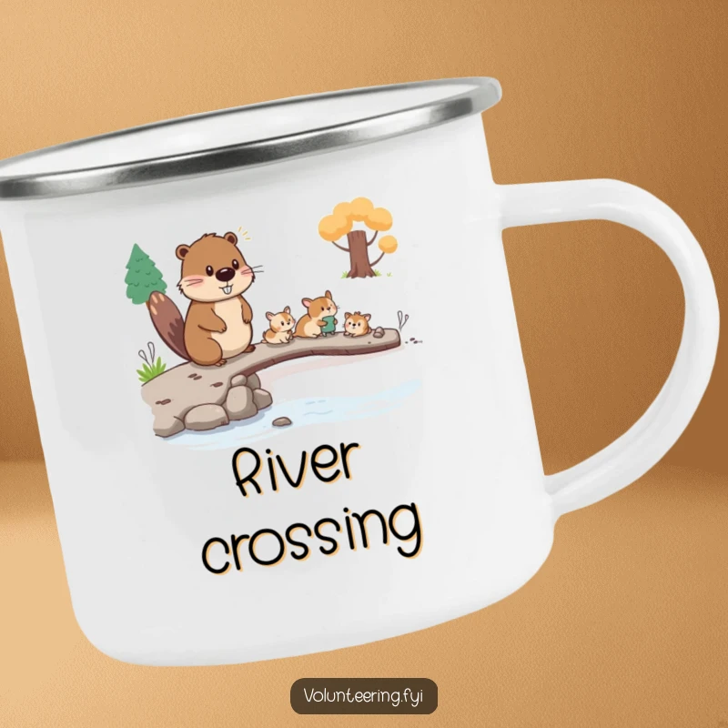 Funny beaver camping mug, a hardworking beaver helping small animals cross a bridge, a humorous outdoor gear gift.