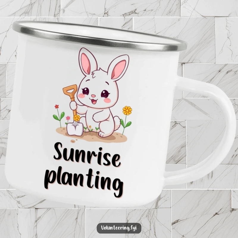 Funny camping mug with a happy bunny character planting tiny flowers with a smiling shovel, perfect for outdoors.