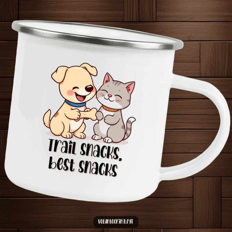 Funny camping mug featuring a happy dog giving a bone to a thankful cat, perfect for outdoor enthusiasts who love humorous pet designs. Great funny gift.
