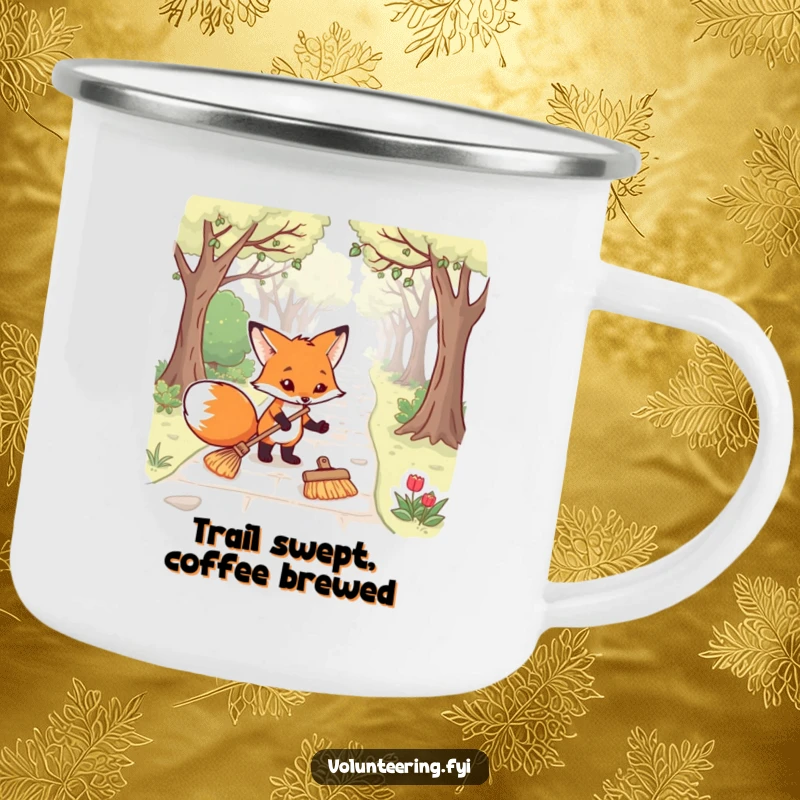 Funny fox camping mug showing a determined animal tidying a park path, perfect for outdoor enthusiasts and as a humorous funny gift.