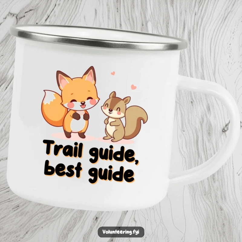 Funny camping mug with a cheerful fox helping a lost squirrel, perfect for outdoor enthusiasts loving humorous kindness. Great funny gift.