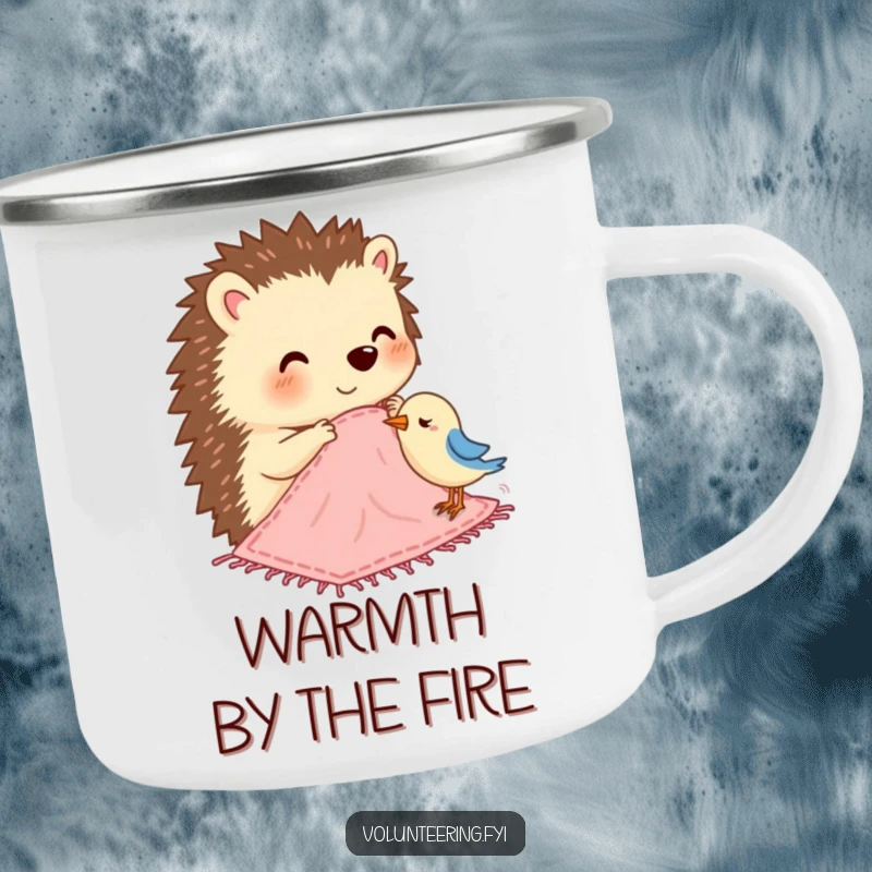 Funny camping mug with a happy hedgehog stitching a small blanket for a bird, ready for any adventure.