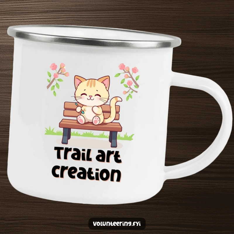 Funny camping mug with a Kawaii cat character painting colorful stripes on a park bench, durable and artistic, a great funny gift.