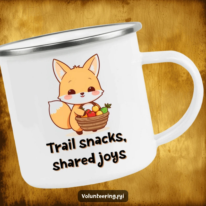 Funny Kawaii fox carrying a basket of food to share, enamel camping mug, generous gift.