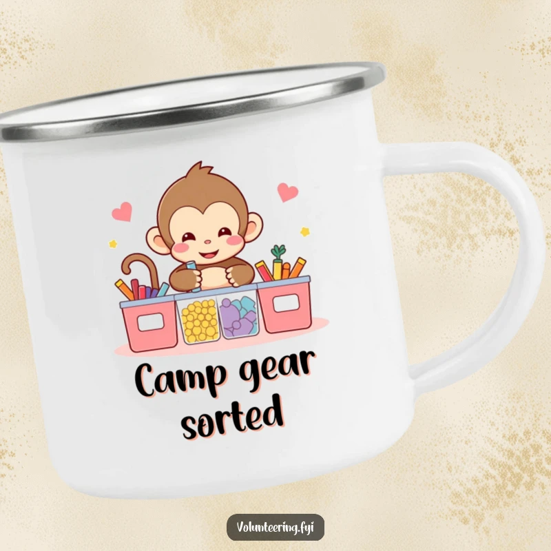 Funny kawaii monkey camping mug, depicting a monkey sorting colorful items into bins, perfect for outdoor enthusiasts who appreciate organization.