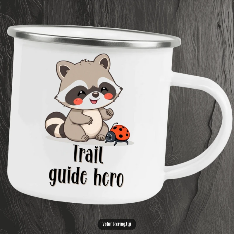Funny camping mug with a Kawaii raccoon character guiding a lost ladybug, durable and promoting kindness, a great funny gift.