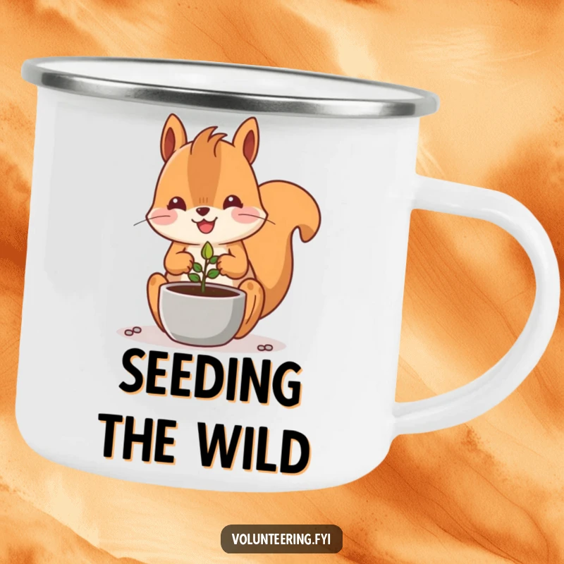 Funny Kawaii squirrel planting a tiny seed in a pot, enamel camping mug, gardening gift.