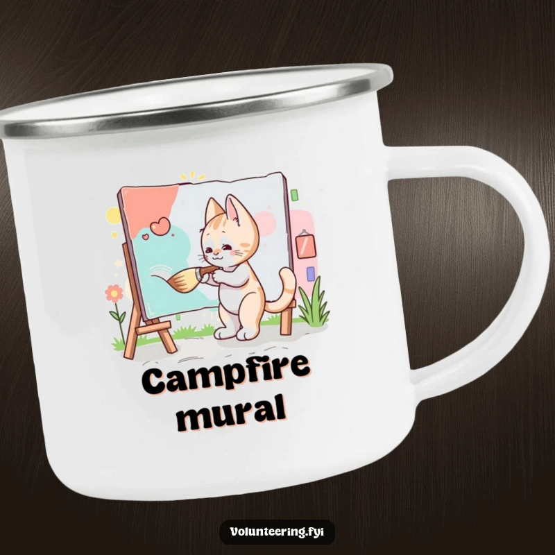 Funny Kitten Artist Camping Mug: A diligent kitten painting a community mural with a giant brush, perfect for artistic adventurers.