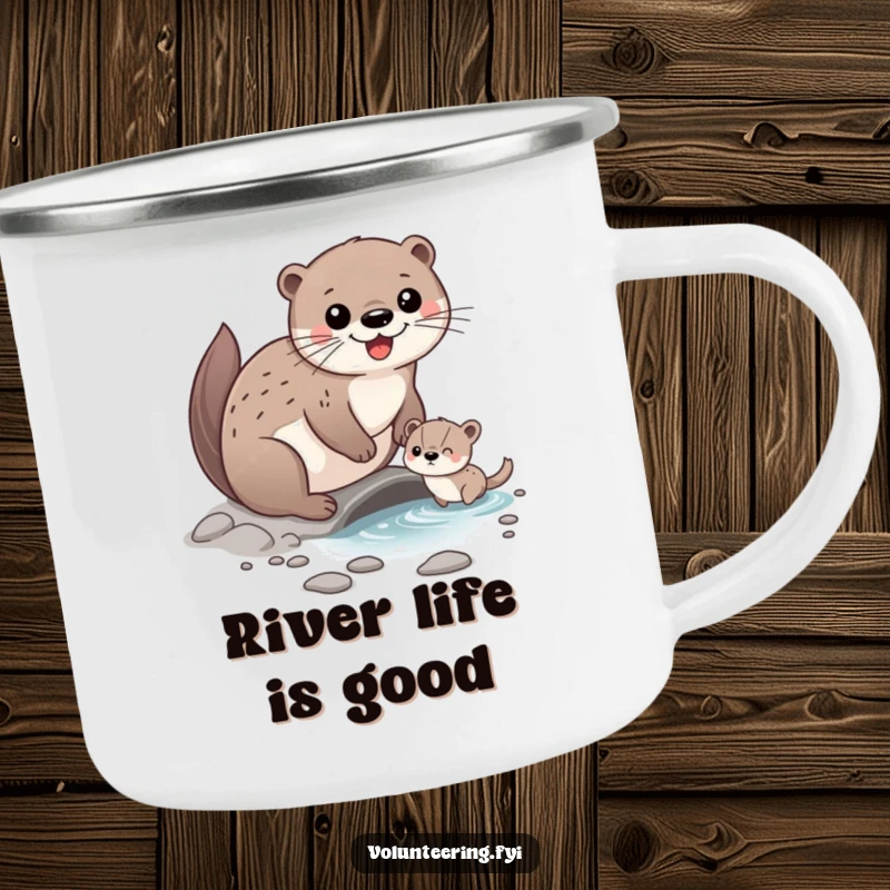 Funny Camping Mug featuring a happy otter character helping a smaller animal cross a stream, built for adventures and spreading smiles.