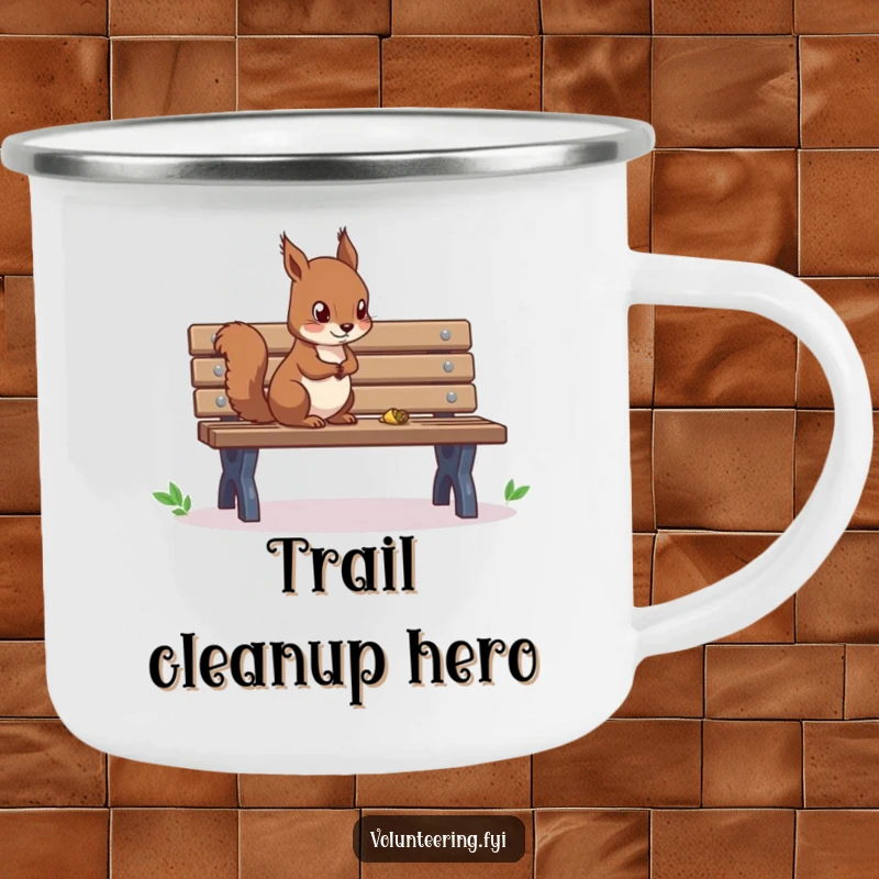 Funny camping mug with a focused squirrel cleaning a park bench, ready for any outdoor excursion.