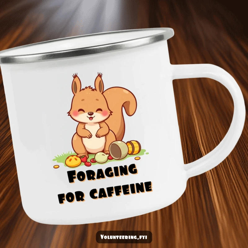 Funny Squirrel Picnic Camping Mug showing a playful squirrel tidying picnic items with a smile, durable and cheerful for outdoor use.