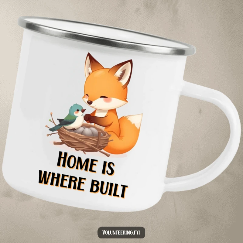Funny fox camping mug, a playful fox helping a tiny bird build a nest with delicate twigs, ready for outdoor adventures and gentle companionship.