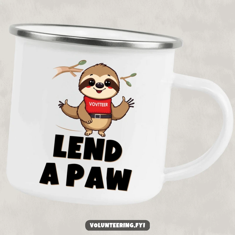 Funny sloth camping mug showing a smiling sloth in a red volunteer vest, ready for adventures and helping out with humor.