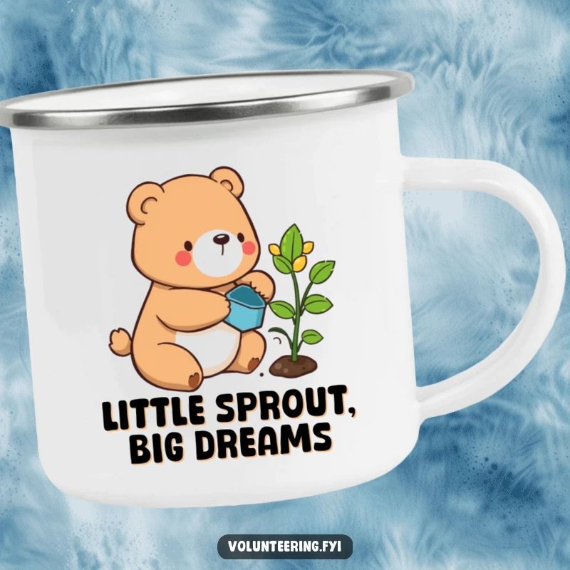 Funny bear camping mug, a contented cartoon bear watering a plant, great for outdoor nature lovers.