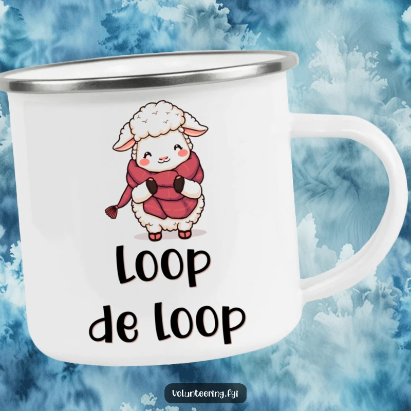 Funny Sheep Knitting Camping Mug: A fluffy cartoon sheep knitting a scarf, designed for durability and enjoyment during outdoor adventures.