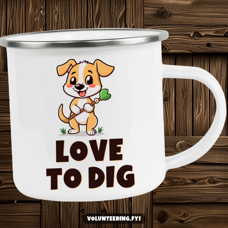 Funny dog camping mug featuring a cheerful dog with a gardening tool, perfect for outdoor adventures and gardening.