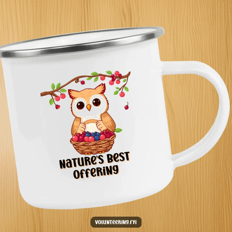 Funny owl camping mug showing a proud owl donating a basket of collected berries, celebrating sharing on adventures.