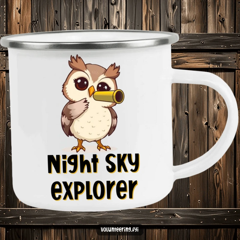 Funny Owl Camping Mug: Sturdy mug with a curious owl using a telescope, symbolizing helpfulness, a great funny gift.