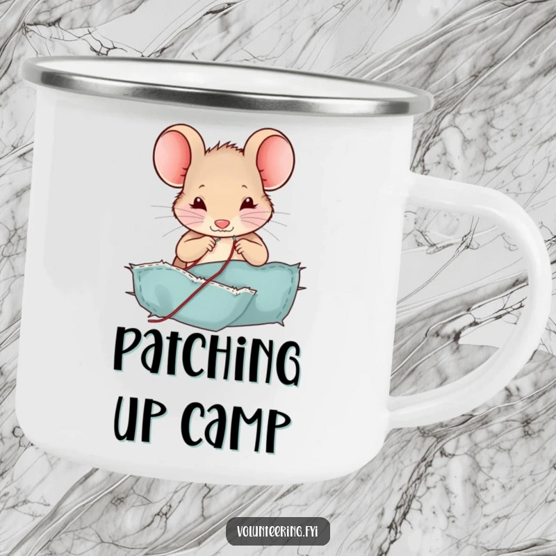 Funny mouse camping mug, a happy character sewing a patch on fabric with tiny tools, a humorous outdoor gear gift.