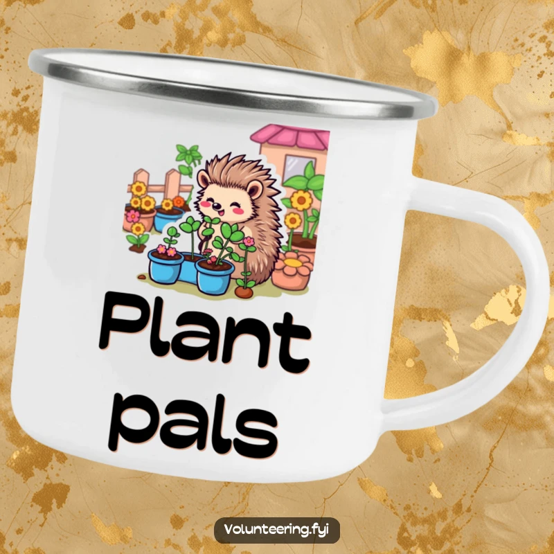 Funny Hedgehog Garden Camping Mug: A cartoon hedgehog tending to plants in a garden, perfect for enjoying hot drinks outdoors.