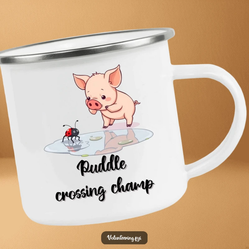 Funny piglet camping mug featuring a determined piglet helping a ladybug cross a puddle, celebrating friendship on the go.