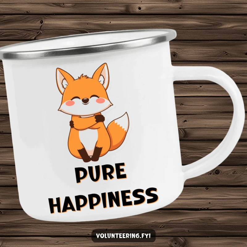 Funny fox camping mug, a joyous cartoon fox offering a warm hug, great for outdoor enthusiasts who love comfort.
