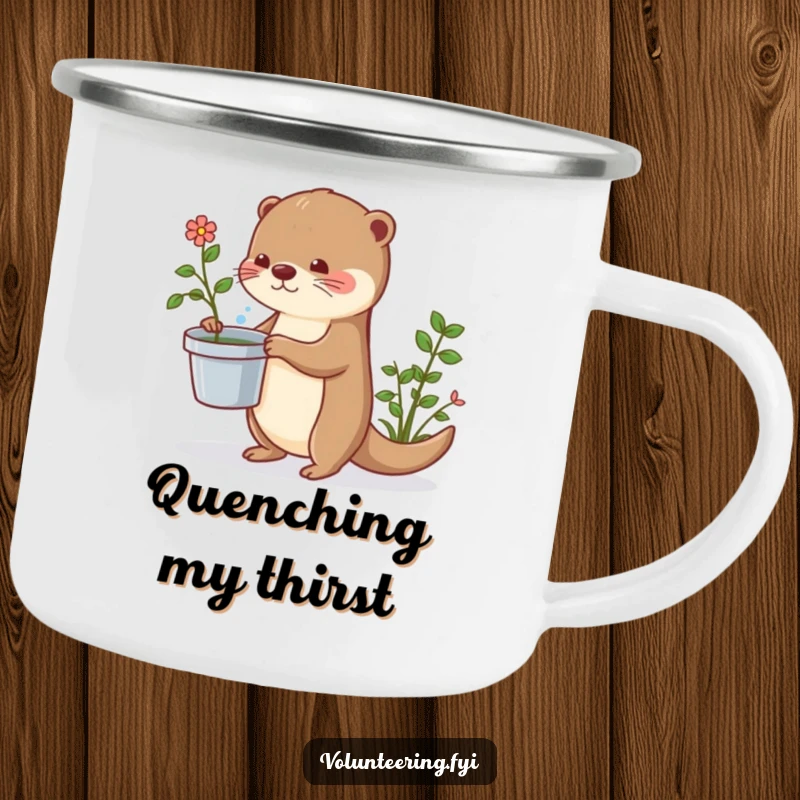 Funny otter camping mug featuring a cute otter watering plants, designed for outdoor enthusiasts with a humorous touch.