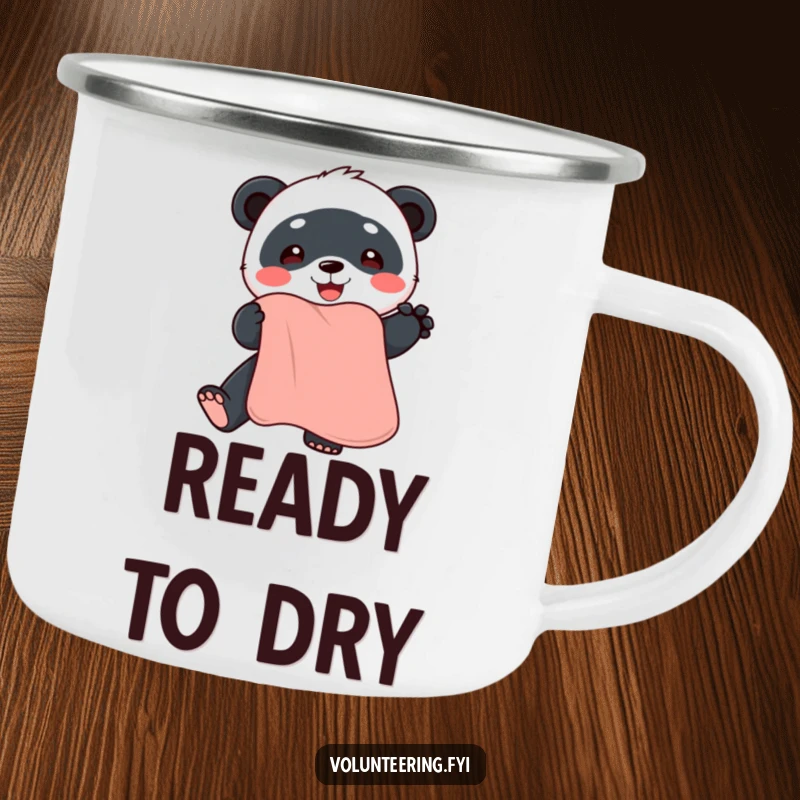 Funny panda camping mug, a cute cartoon panda offering a soft towel, ideal for outdoor enthusiasts with a sense of humor.
