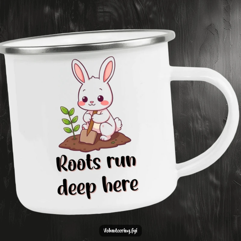 Funny Camping Mug featuring a cute bunny character planting a small tree with a shovel, built for adventure and cheerful moments outdoors.