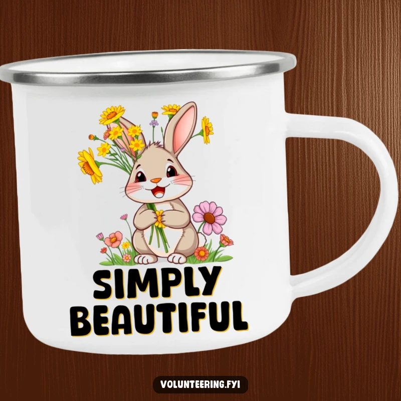 Funny rabbit camping mug, a delighted cartoon rabbit holding bright wildflowers, great for outdoor nature lovers.
