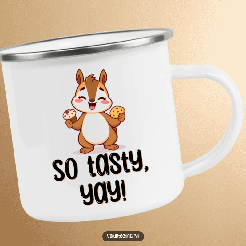 Funny squirrel camping mug, a cheerful cartoon squirrel displaying a freshly baked treat, great for outdoor bakers.