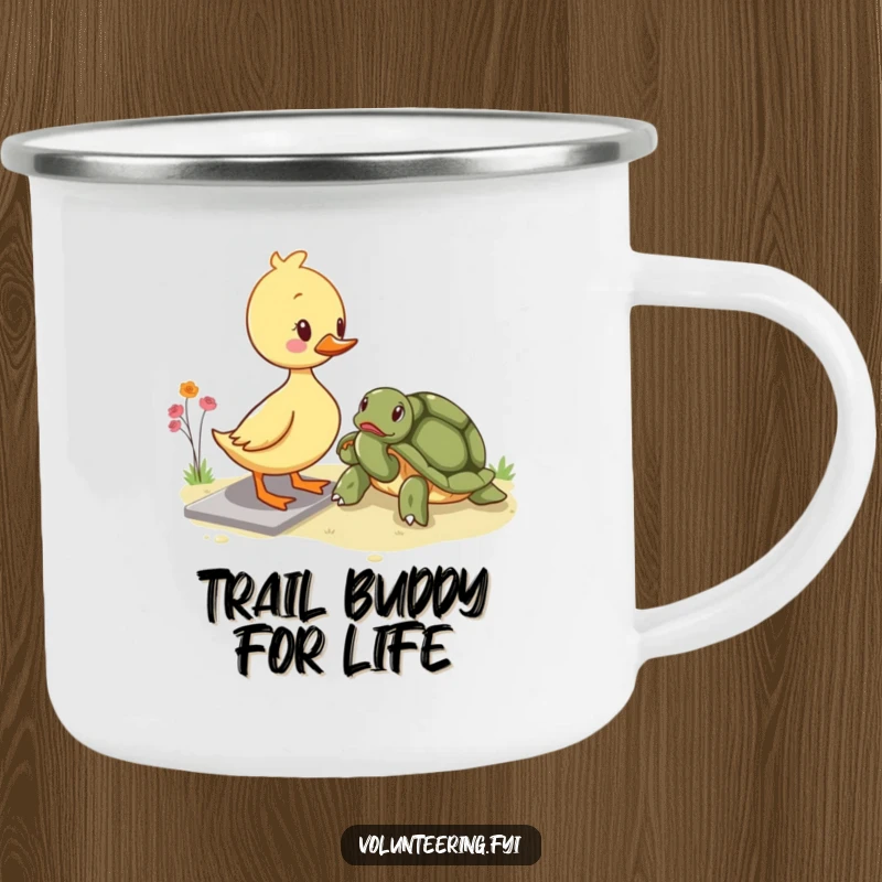 Funny kawaii duckling camping mug, depicting a duckling assisting a turtle across a path, perfect for outdoor enthusiasts who value kindness.