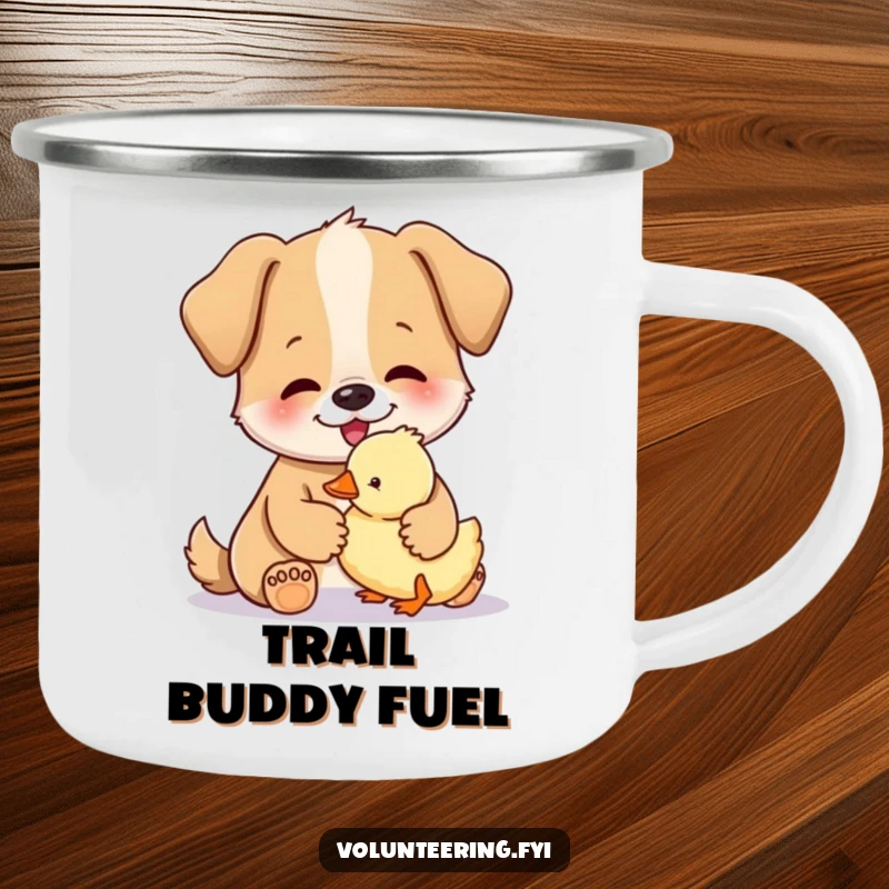 Funny camping mug featuring a happy dog gently petting a small, fluffy duckling, ready for outdoor companionship.