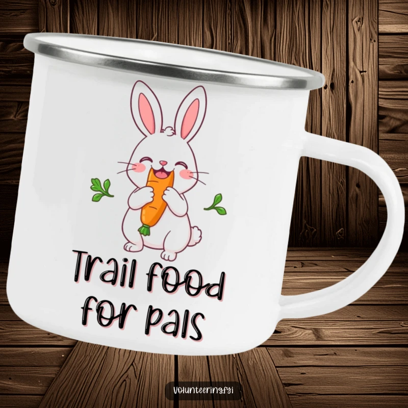 Funny camping mug with a joyful rabbit sharing a big carrot, designed for outdoor fans who appreciate cute humor.