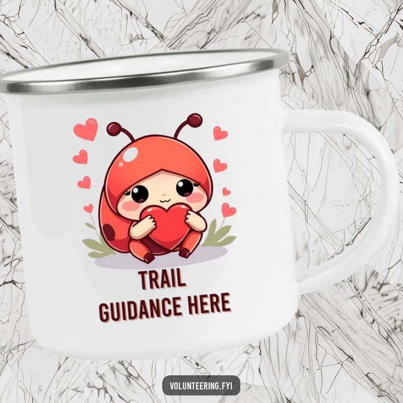 Funny camping mug with a helpful red ladybug guiding, ideal for outdoor explorers who appreciate kindness and humor.